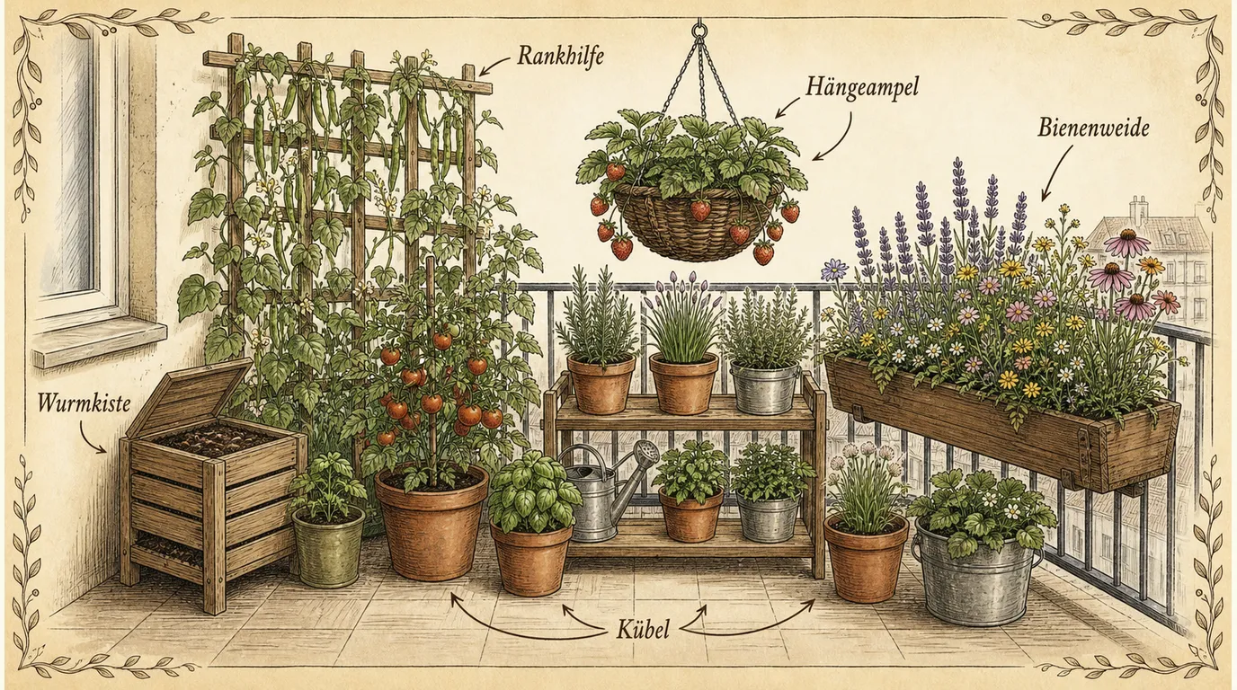 Dicht bepflanzter Stadtbalkon in Etagen: Kletterbohnen, Tomaten und Kräuter in Kübeln, Wurmkiste, Bienenpflanzen