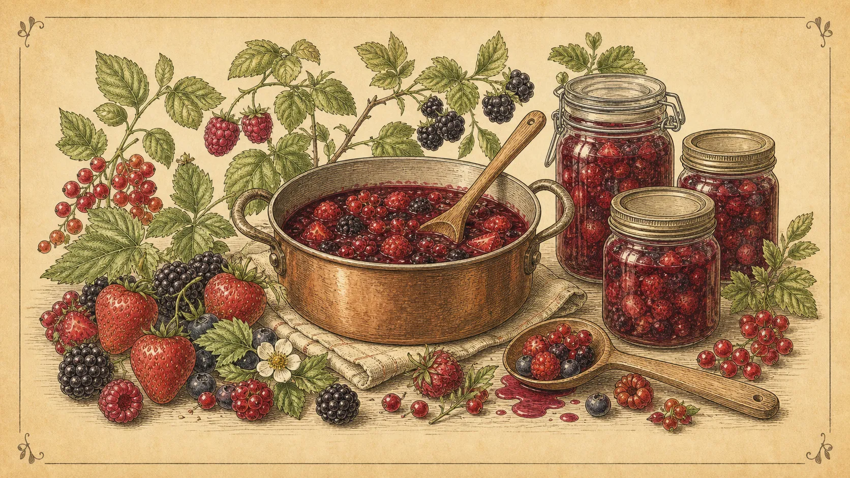 Botanische Illustration zu Beeren-Kompott