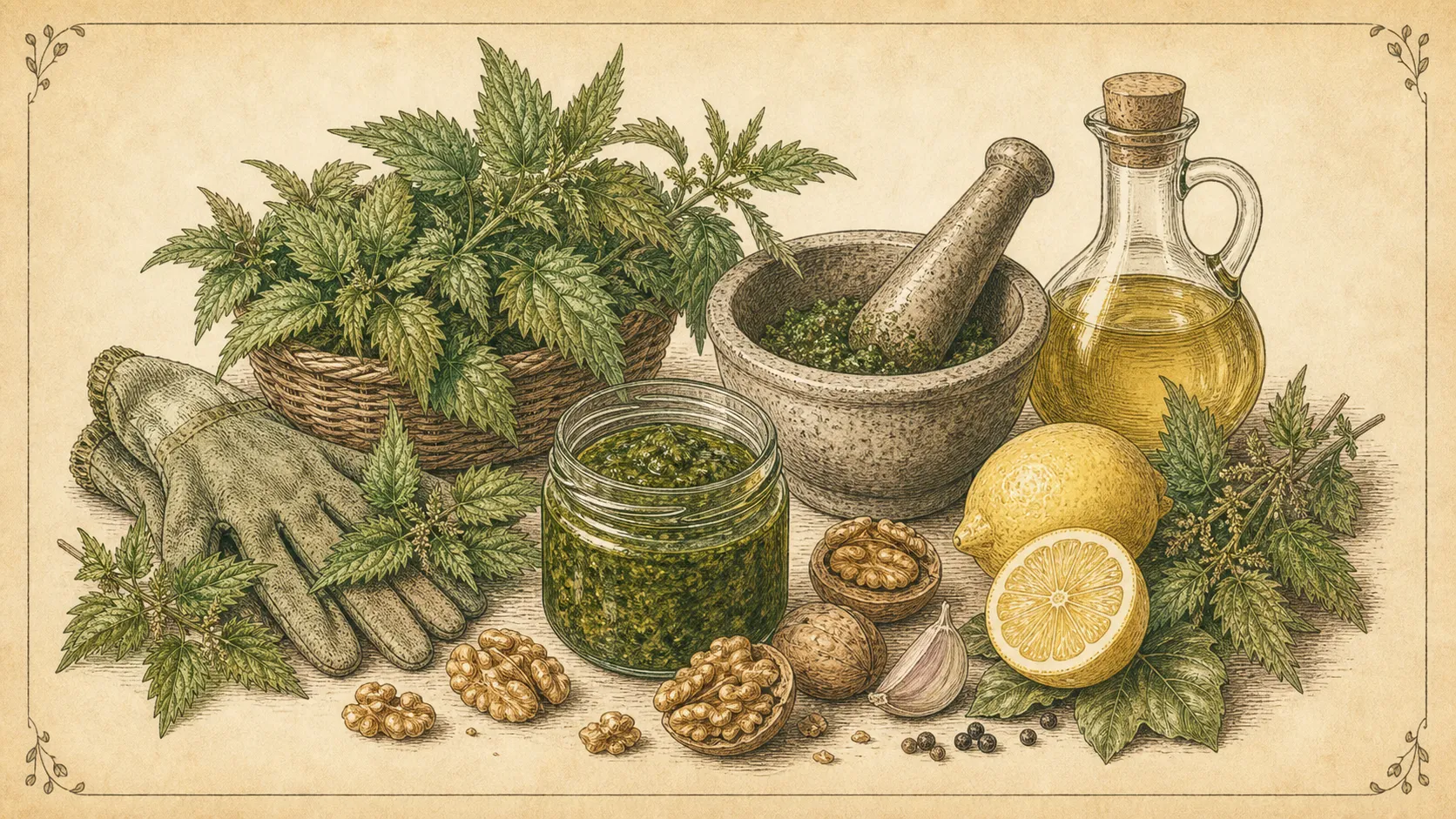 Botanische Illustration zu Brennnessel-Pesto