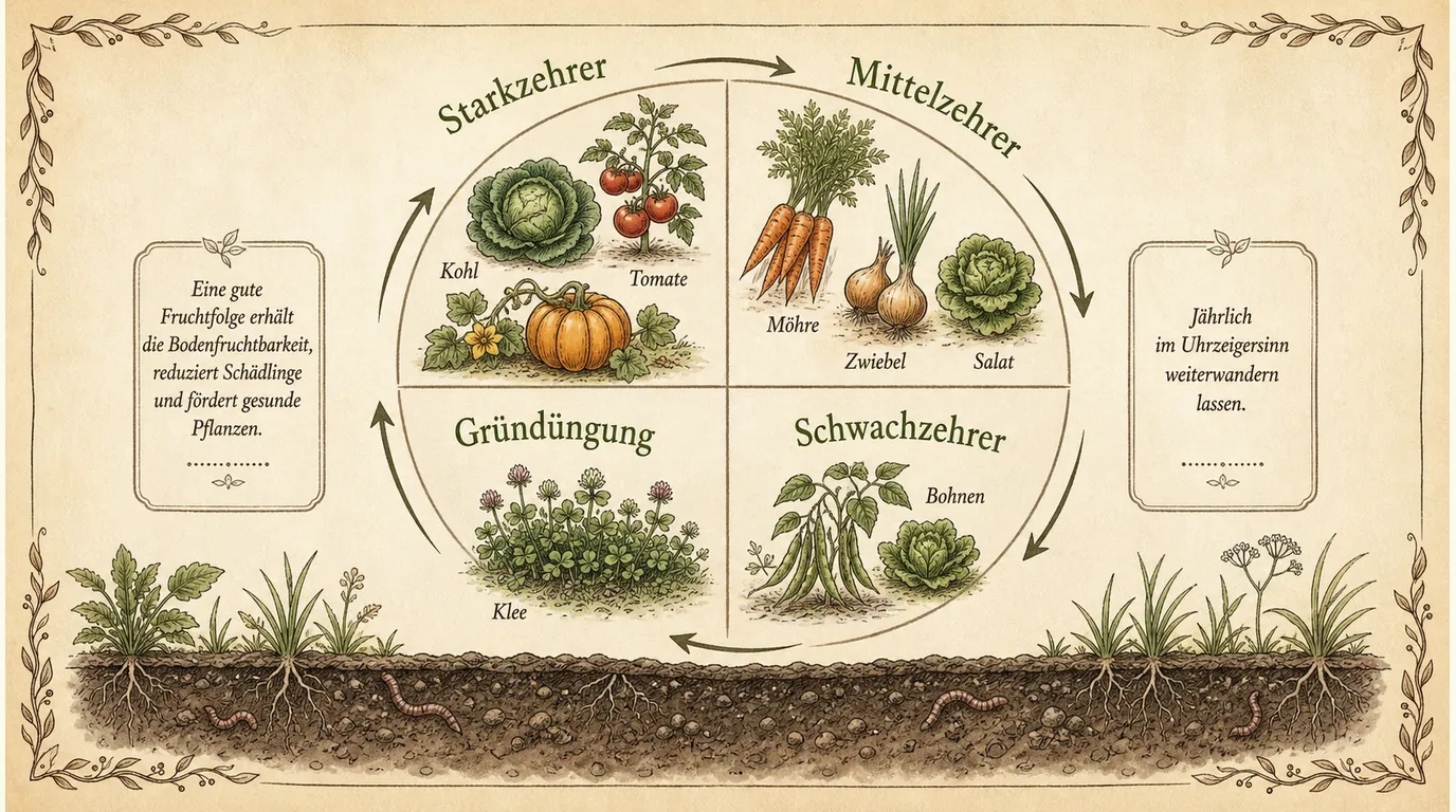 Vierfelder-Fruchtfolge als Kreis mit Pfeilen: Starkzehrer, Mittelzehrer, Schwachzehrer, Gründüngung