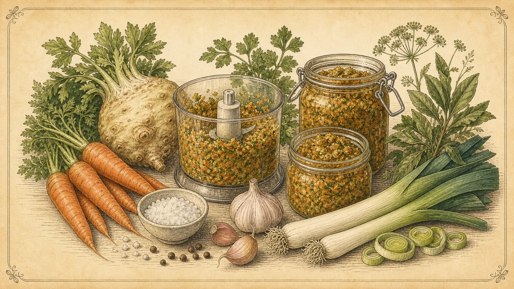 Botanische Illustration zu Gemüsepaste als Suppengrundstock