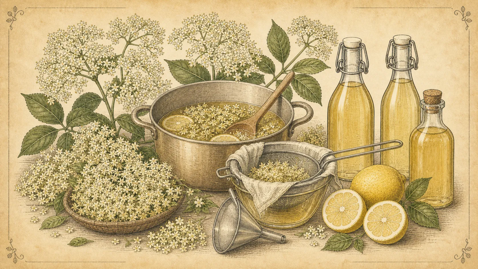 Botanische Illustration zu Holunderblütensirup