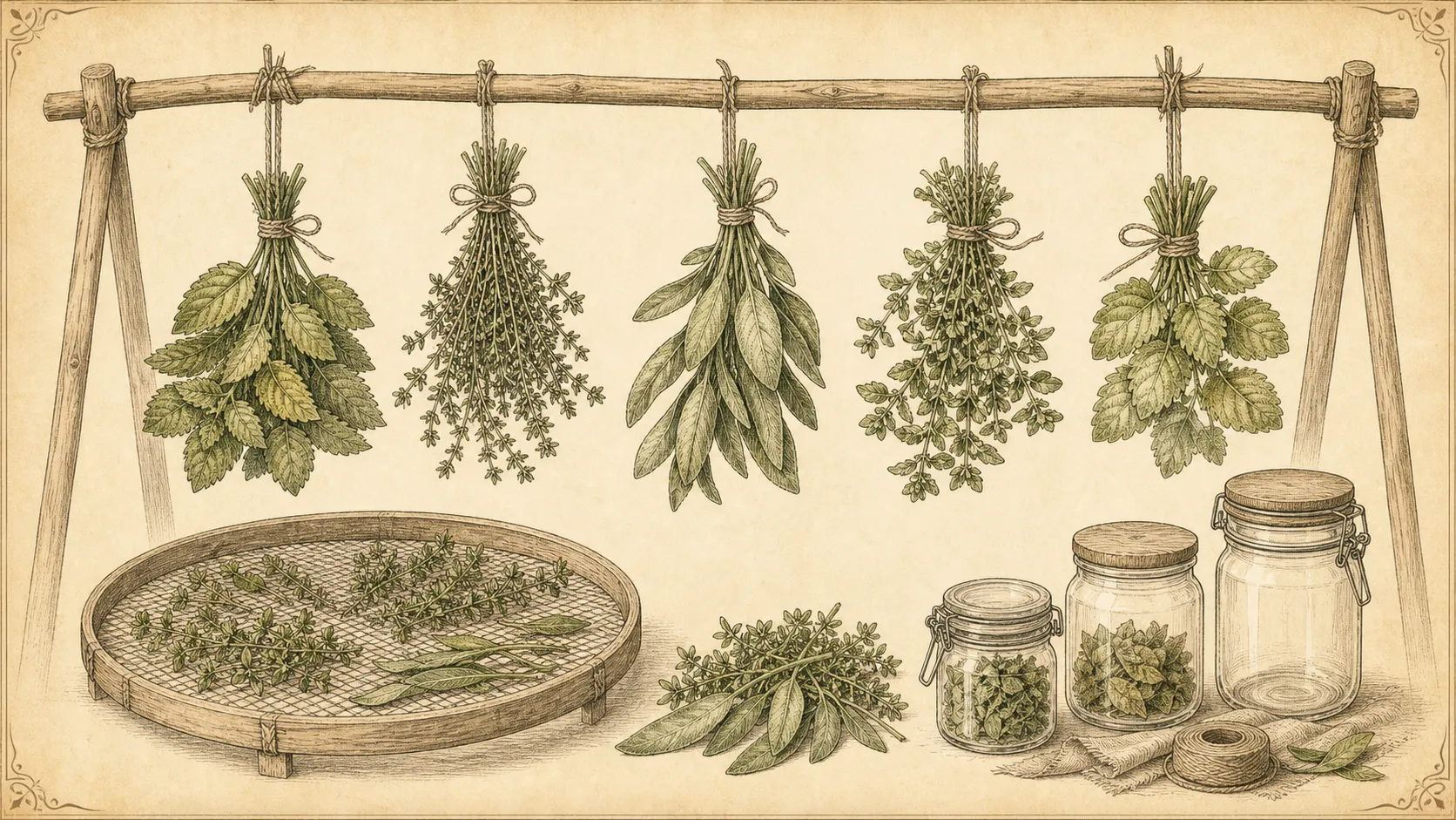 Botanische Illustration zu Kräuter trocknen