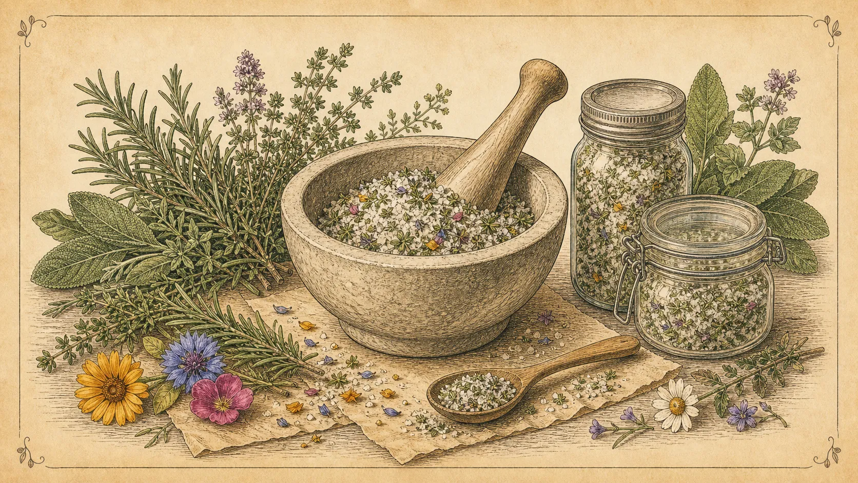 Botanische Illustration zu Kräutersalz
