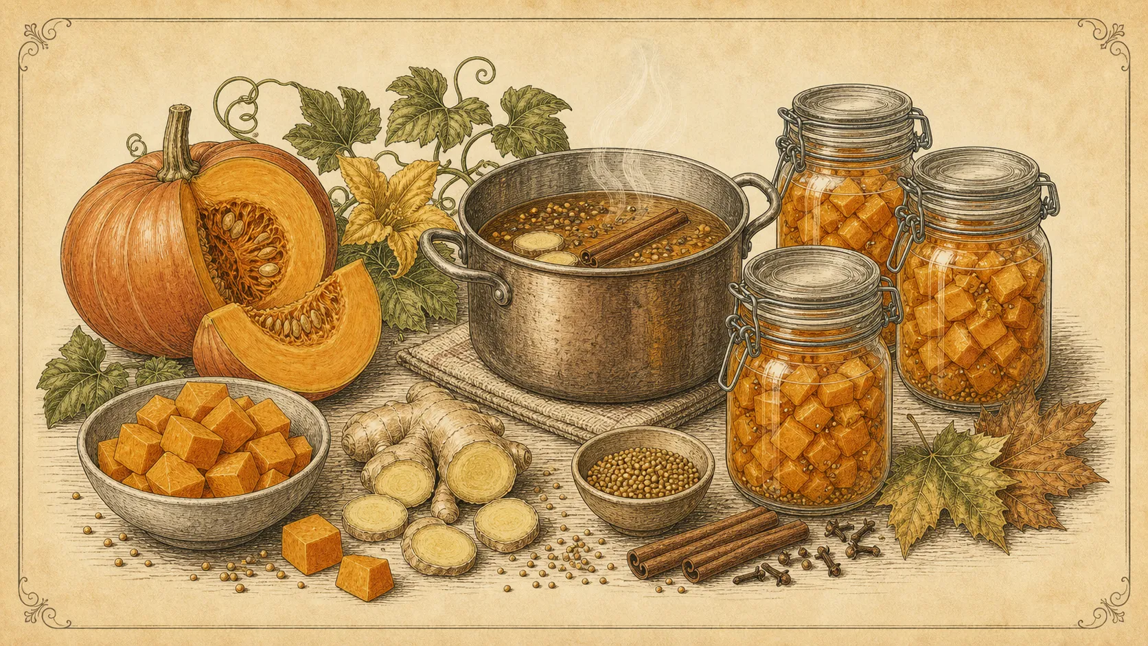 Botanische Illustration zu Kürbis süß-sauer