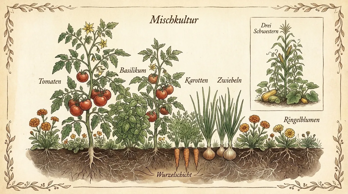 Mischkultur-Beet mit Tomate, Basilikum, Möhre, Zwiebel und Ringelblume sowie Drei-Schwestern-Detail