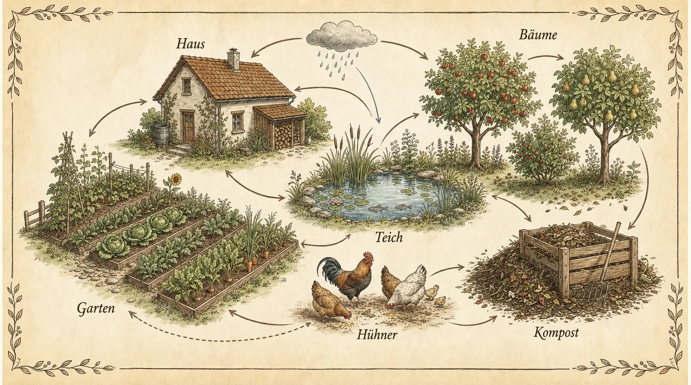 Ein Hof als vernetztes System: Haus, Garten, Teich, Bäume, Hühner und Kompost mit Linien für die Kreisläufe