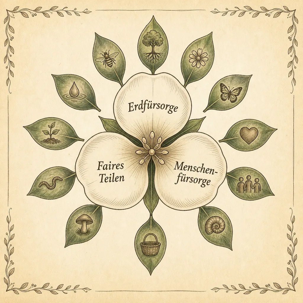 Botanische Illustration: eine Blüte mit drei Blütenblättern für die drei Ethiken, umgeben von zwölf Blättern für die Gestaltungsprinzipien