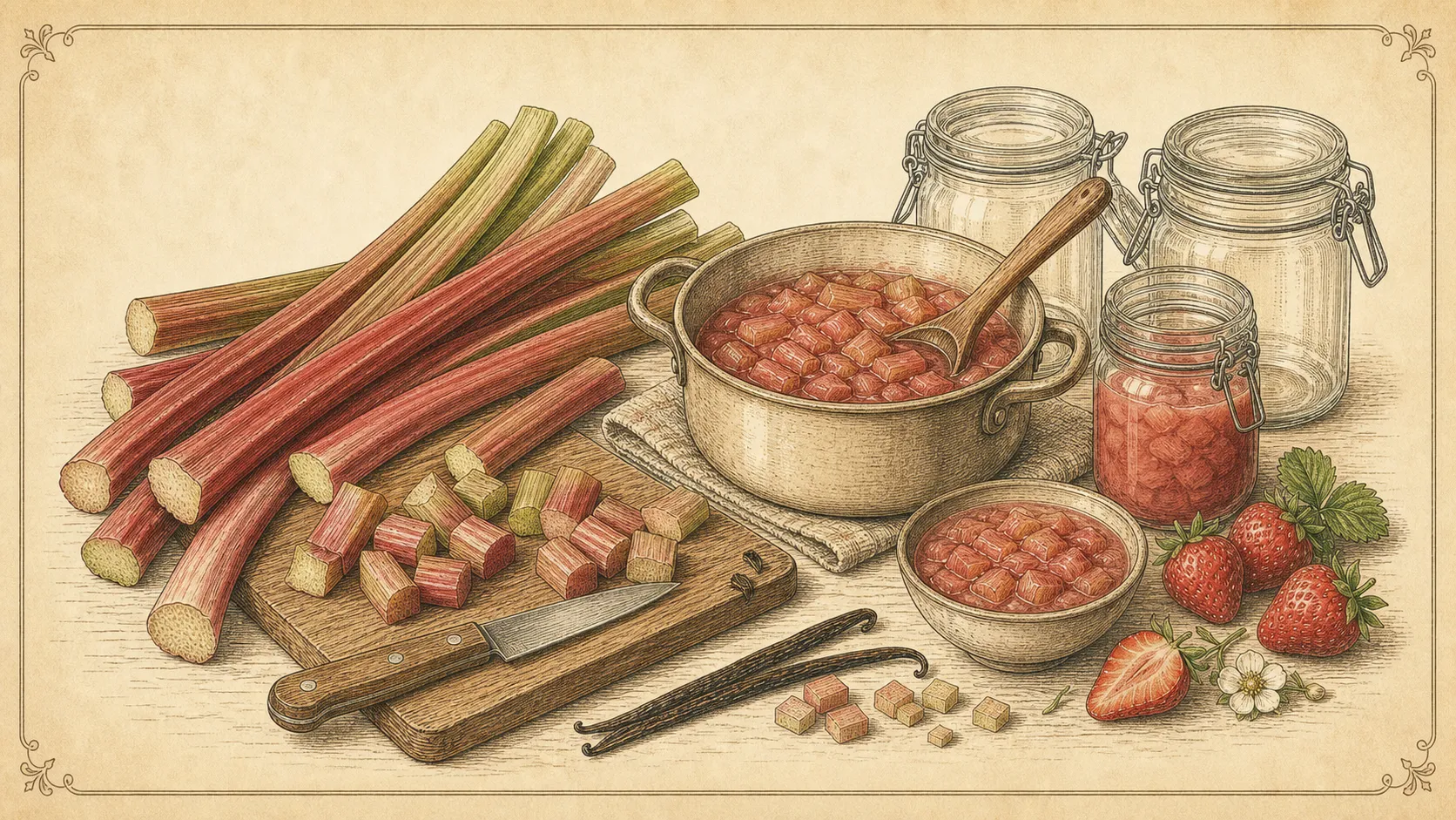 Botanische Illustration zu Rhabarber-Kompott