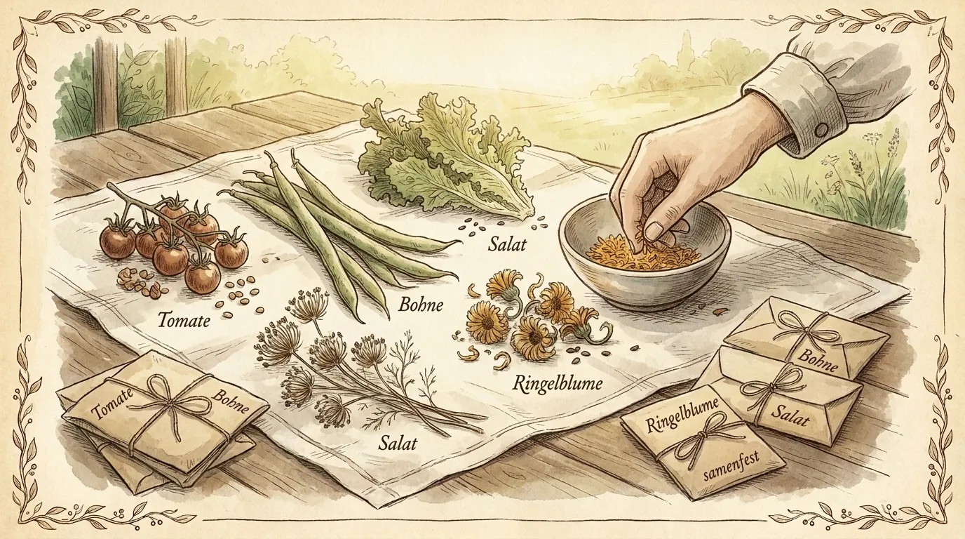 Reife Samenstände von Tomate, Bohne, Salat und Ringelblume zum Trocknen, beschriftete Saatgut-Tütchen
