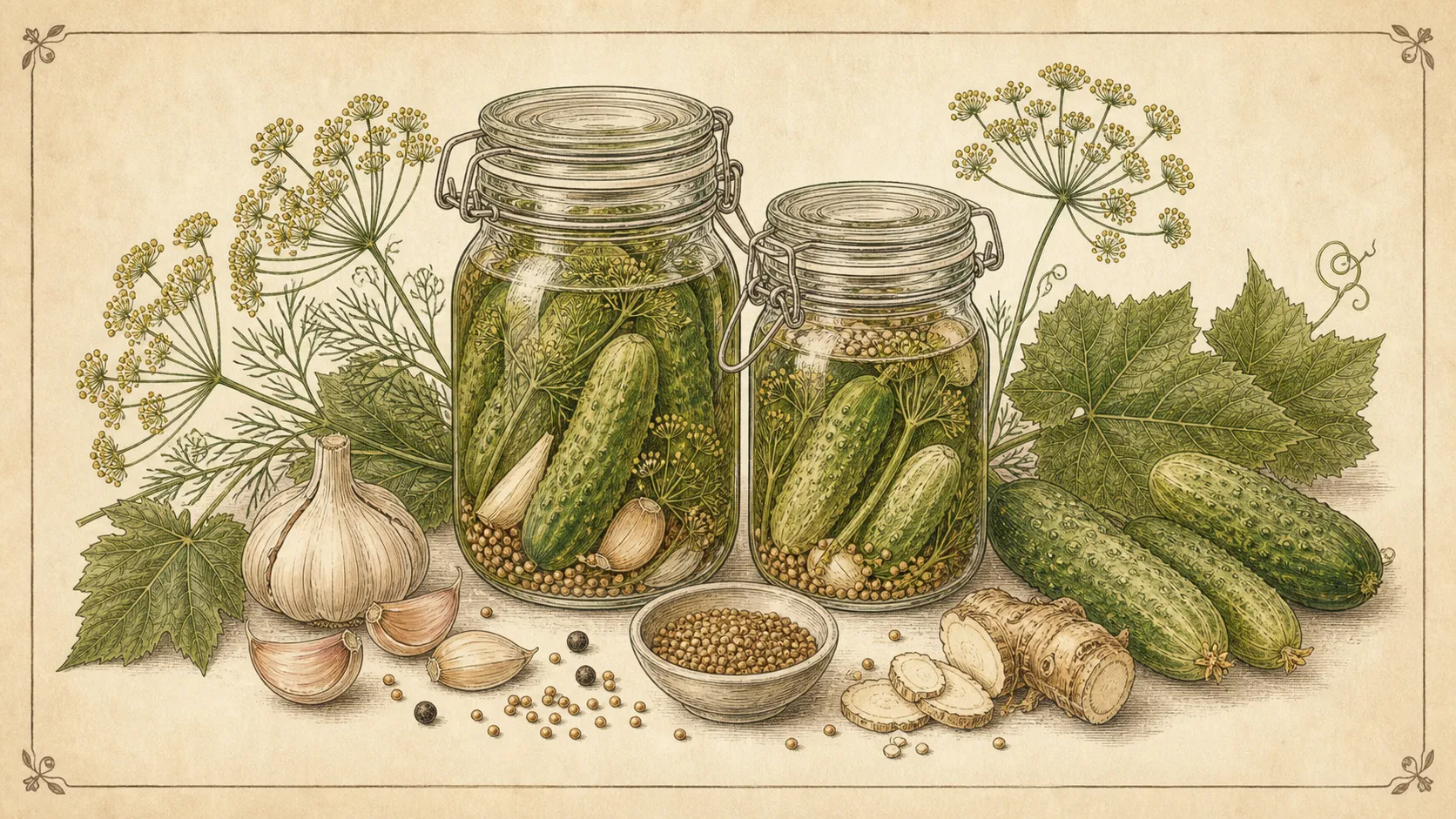 Botanische Illustration zu Salzgurken fermentieren