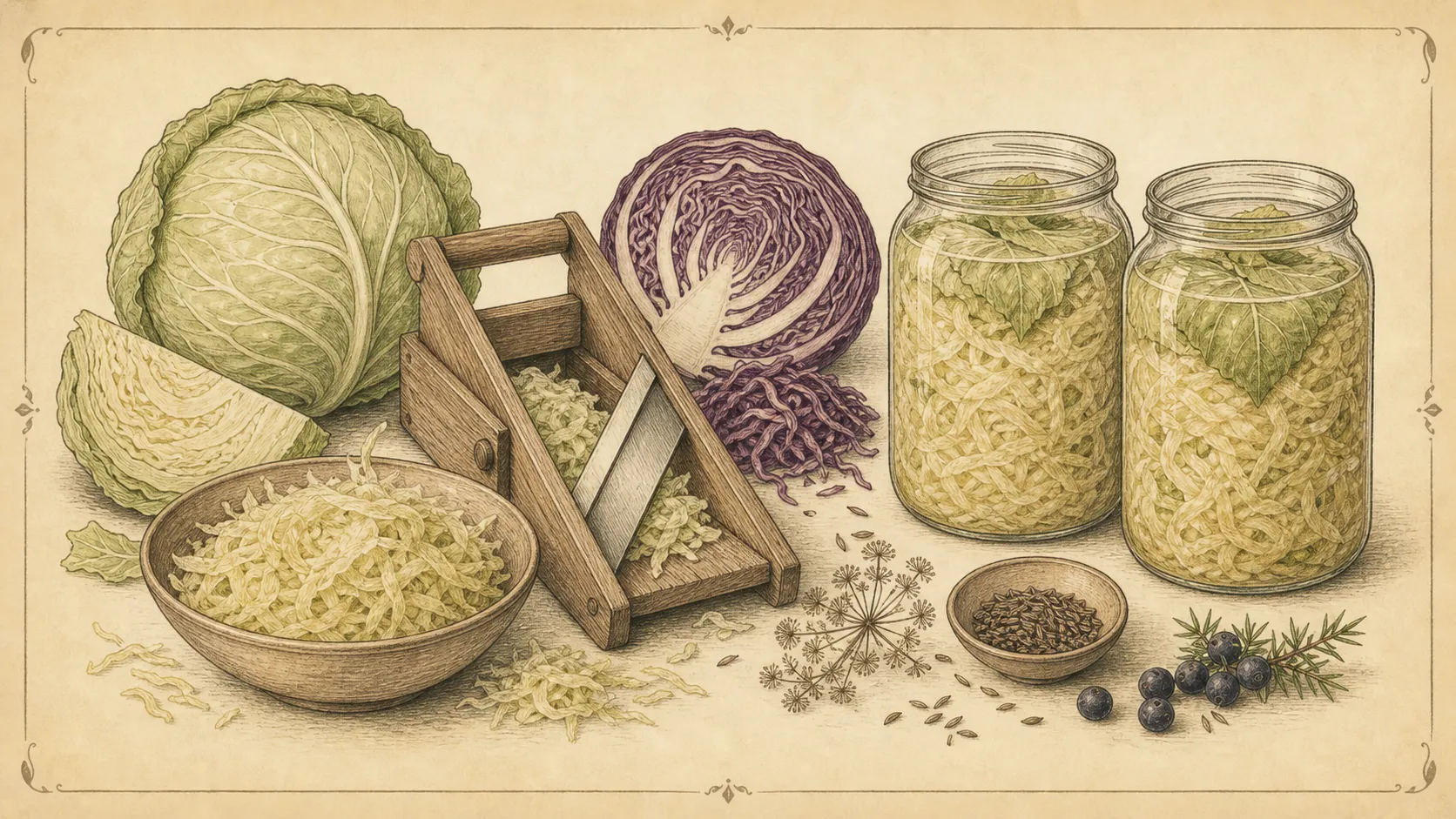 Botanische Illustration zu Sauerkraut im Glas