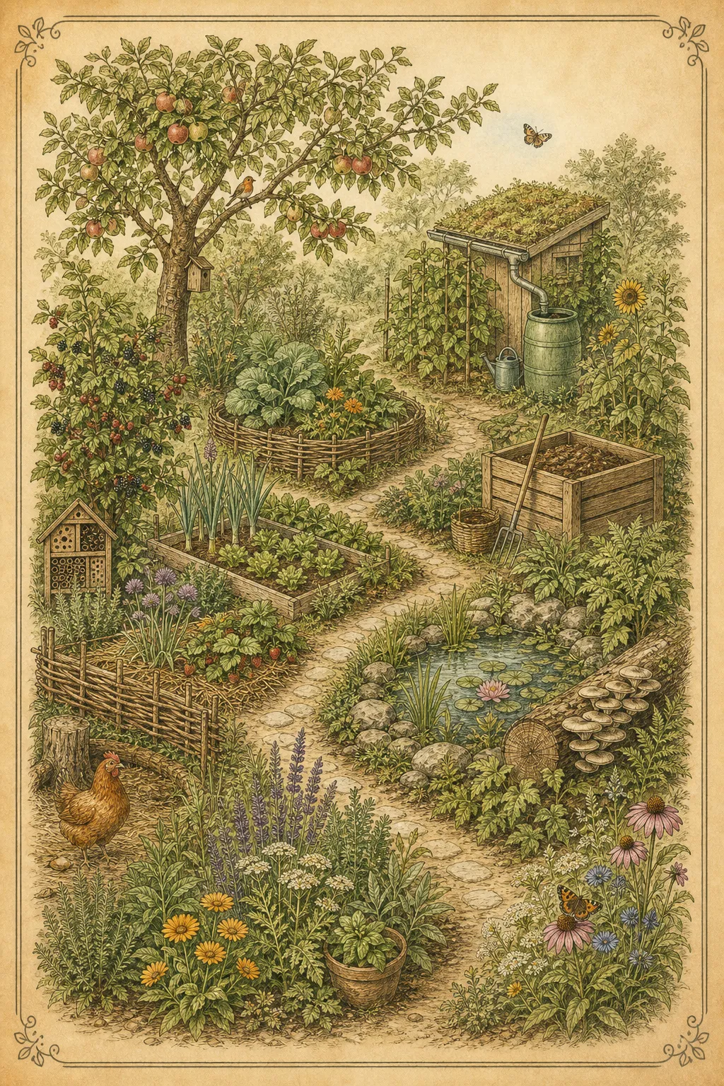 Hochformatige botanische Illustration eines vernetzten Permakultur-Gartens mit Obstbaum, Beeten, Wasser, Kompost und Blütenflächen