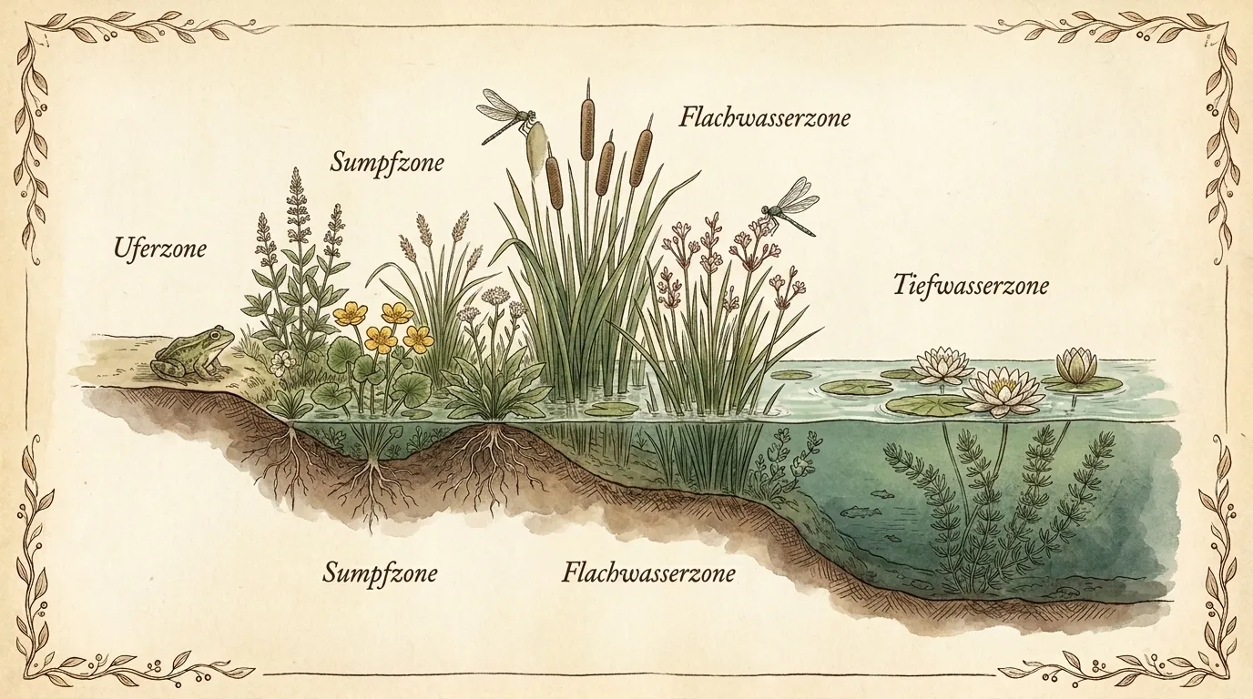 Querschnitt eines naturnahen Gartenteichs mit Tiefwasser-, Flachwasser- und Sumpfzone, Seerosen, Frosch und Libellen