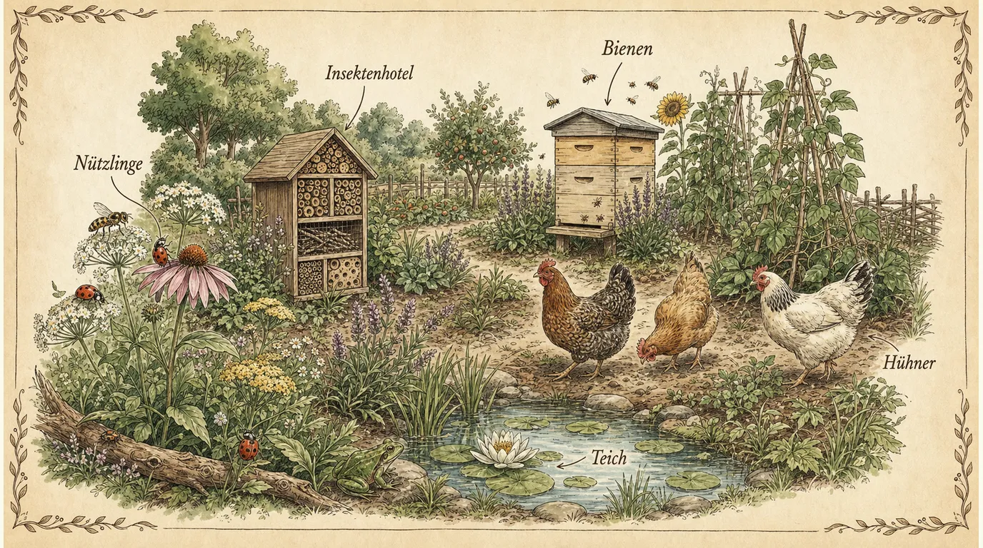 Permakultur-Garten mit Hühnern, Bienenstock, Teich mit Frosch, Nützlingen und Insektenhotel