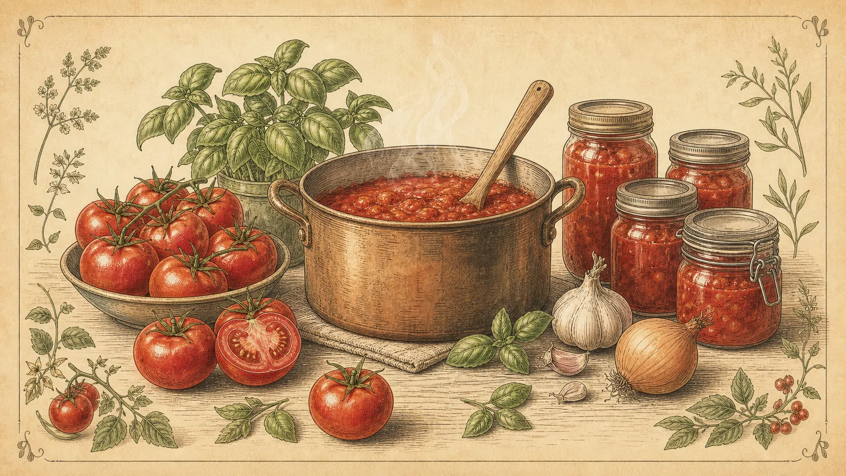 Botanische Illustration zu Tomaten-Sugo einkochen