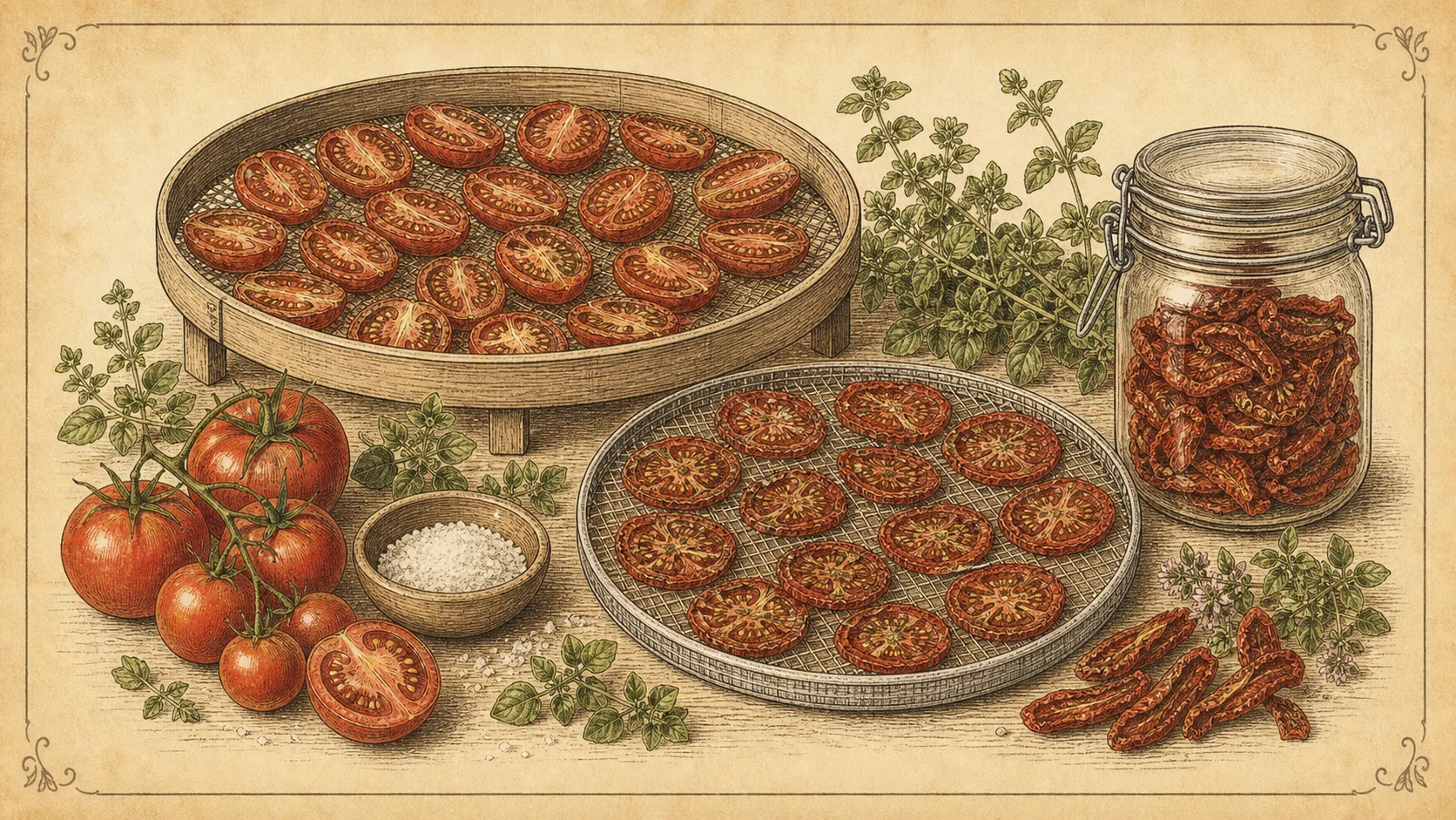 Botanische Illustration zu Tomaten trocknen