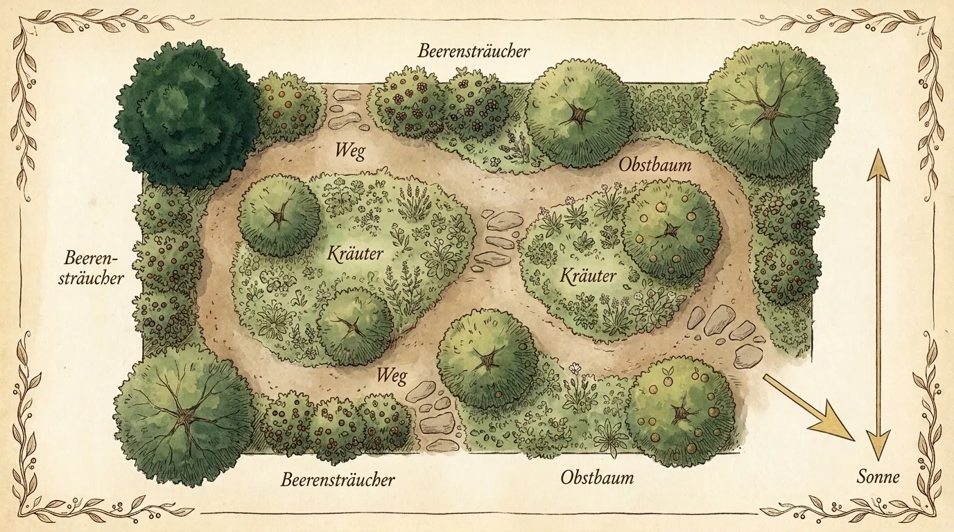 Draufsicht-Plan eines kleinen Waldgartens mit Obstbäumen, Beerensträuchern, Kräutern und Wegen