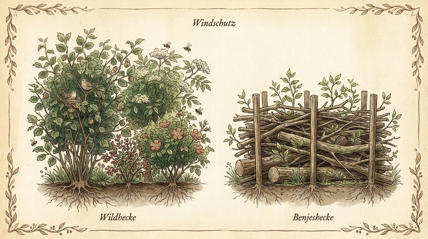Artenreiche Wildhecke mit nistenden Vögeln und Bienen, daneben eine Benjeshecke aus Totholz, die neu austreibt