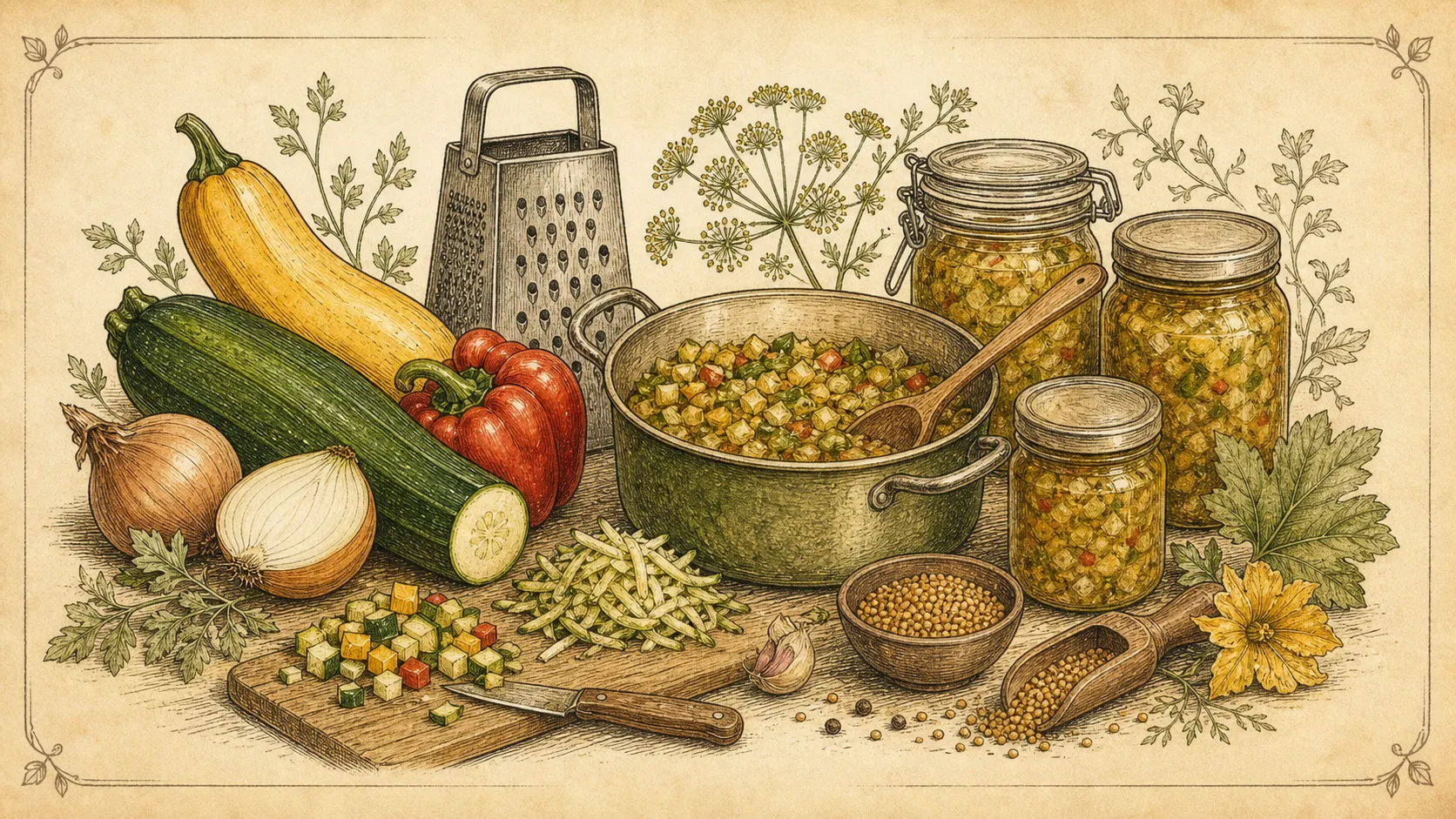 Botanische Illustration zu Zucchini-Relish