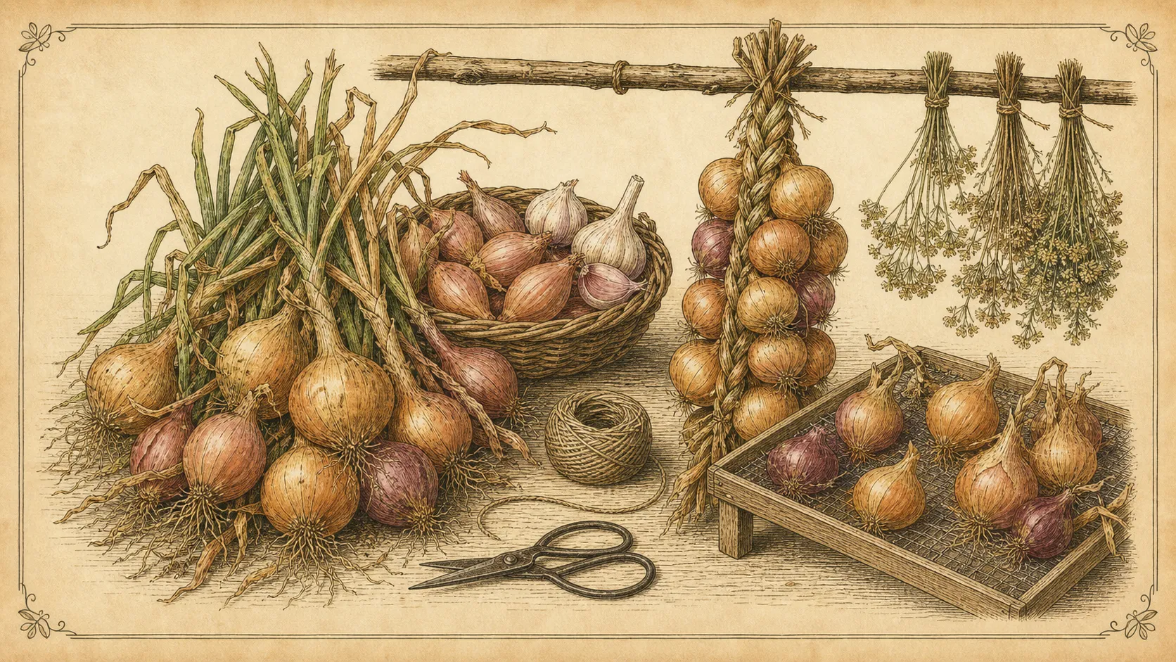 Botanische Illustration zu Zwiebeln trocknen und flechten